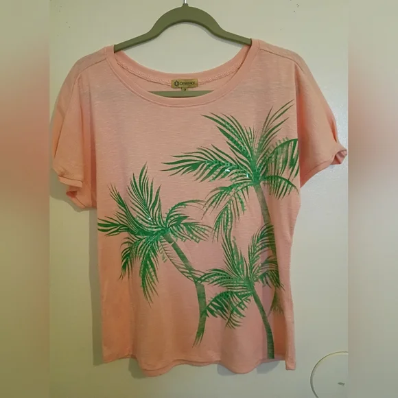 Democracy Women's Peach Palm Tree Print Top Sz M - Picture 1 of 5